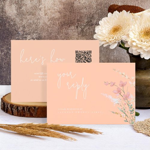 Sunny Wildflower Wedding QR Code Apricot ID1023 RSVP Card