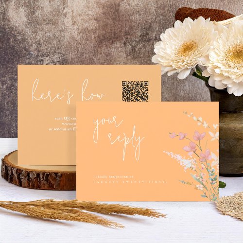 Sunny Wildflower Wedding QR Code Peach ID1023 RSVP Card