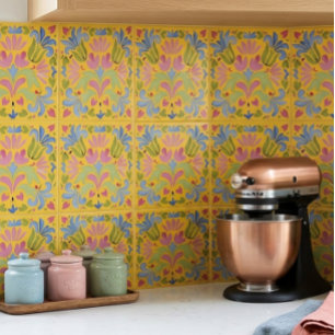 Sunny Yellow and Blue Floral Ceramic Tile