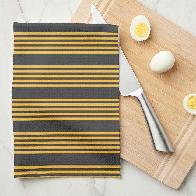 Sunny yellow and charcoal five stripe pattern kitchen towel (Quarter Fold)