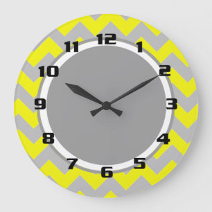 Sunny Yellow and Gray Chevron Pattern Large Clock