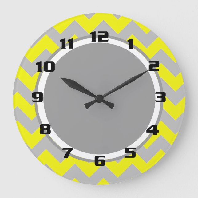 Sunny Yellow and Gray Chevron Pattern Large Clock (Front)
