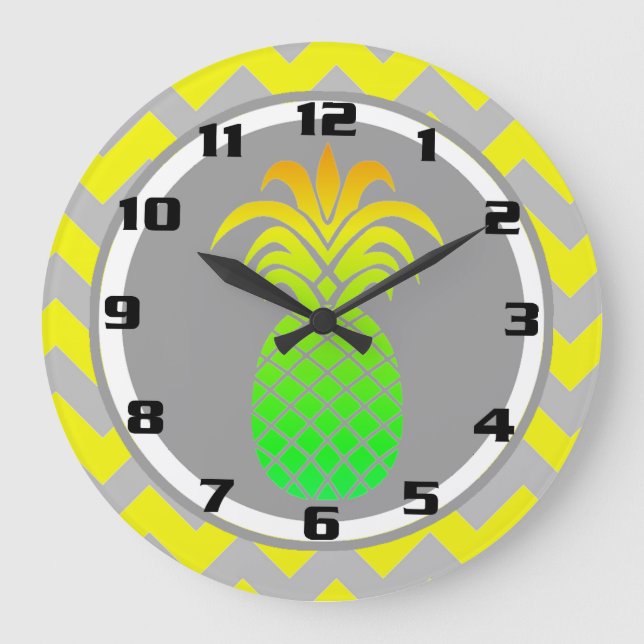 Sunny Yellow and Gray Pineapple on Chevron Pattern Large Clock (Front)