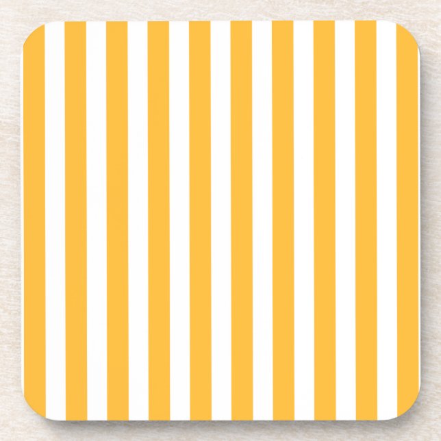 Sunny yellow and white candy stripes beverage coaster (Front)