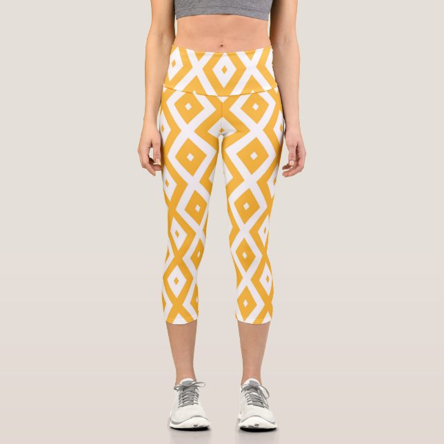 Sunny yellow and white diamond pattern capri leggings (Front)