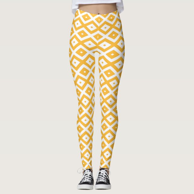 Sunny yellow and white diamond pattern leggings (Front)