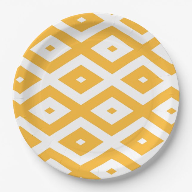 Sunny yellow and white diamond pattern paper plates (Front)