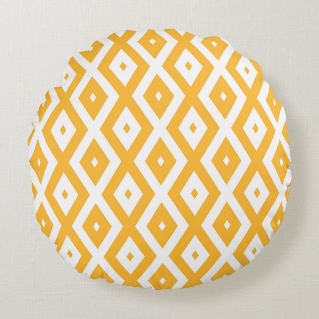 Sunny yellow and white diamond pattern round pillow (Front)
