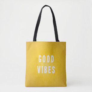 Sunny Yellow and White Good Vibes Vacation / Beach Tote Bag