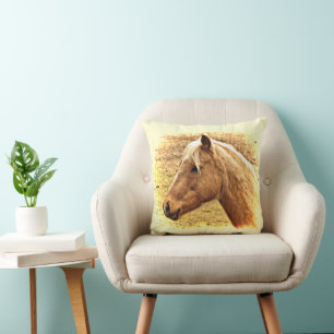 Sunny Yellow Brown Horse Animal Throw Pillow