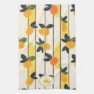 Sunny Yellow Citrus Fruit Print with Green Leaves Kitchen Towel