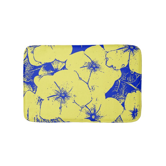 Sunny Yellow Cobalt Blue Floral Bathroom Mat (Front)