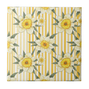 Sunny Yellow Daffodil Floral Stripe Pattern Ceramic Tile