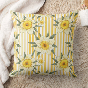 Sunny Yellow Daffodil Floral Stripe Pattern Throw Pillow