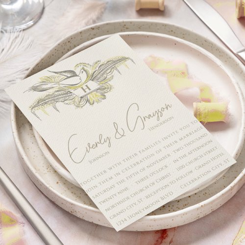 Sunny Yellow Elegance Vintage Bird Wedding Invitation