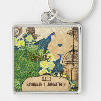 Sunny Yellow Elegance Vintage Birdcage Peacock Keychain