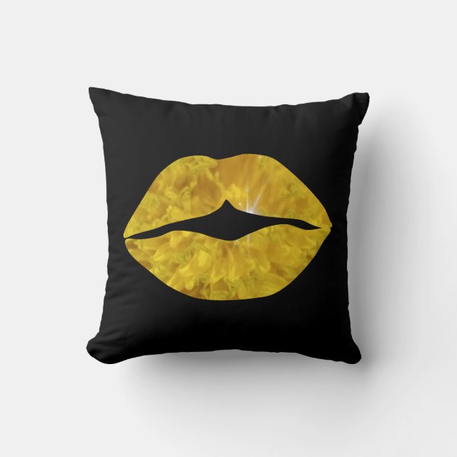 Sunny Yellow Floral Lips Throw Pillow (Front)