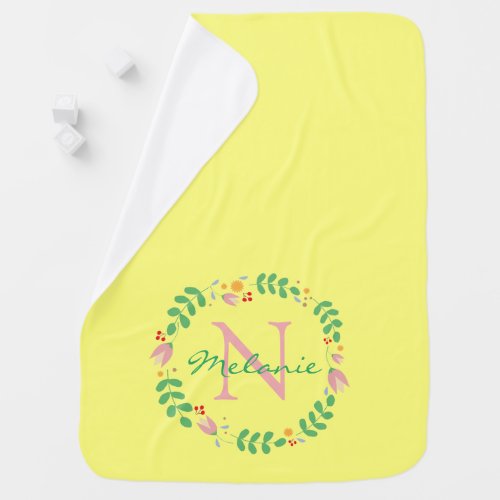 Sunny Yellow Floral Wreath Pretty Personalised Baby Blanket