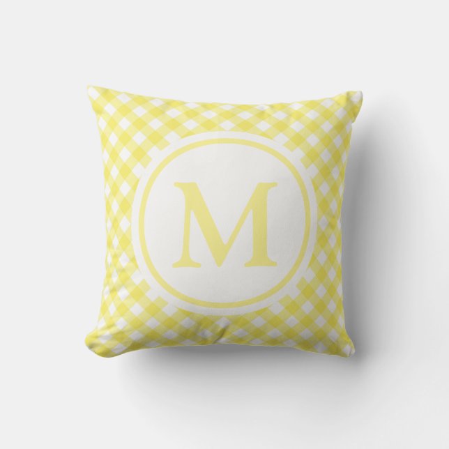 Sunny Yellow Gingham Monogram Outdoor Pillow (Front)