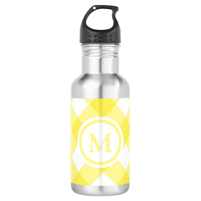 Sunny Yellow Gingham Monogram Stainless Steel Water Bottle (Front)
