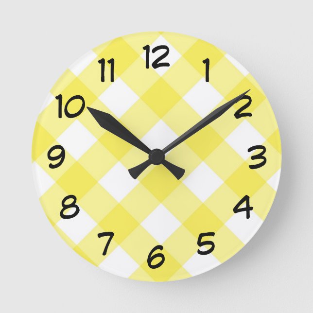 Sunny Yellow Gingham Pattern Round Clock (Front)