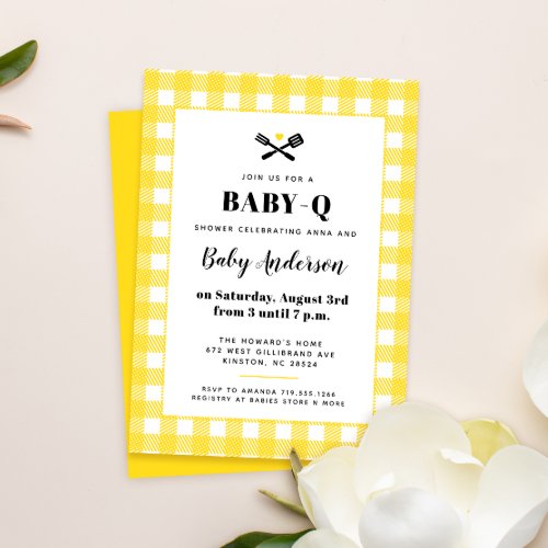 Sunny Yellow Gingham Plaid Baby Shower BBQ Invitation