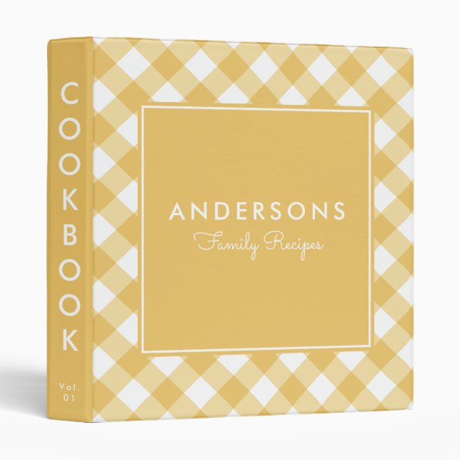 Sunny Yellow Gingham Recipe Cookbook 3 Ring Binder (Front/Spine)