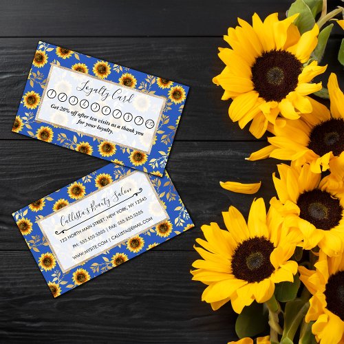 Sunny Yellow Gold Blue Sunflowers Leaves Pattern Loyalty Card