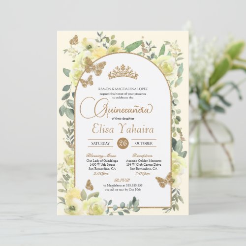 Sunny Yellow Gold Butterfly Watercolor Quinceaera Invitation