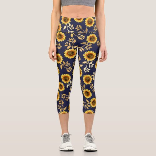 Sunny Yellow Gold Navy Sunflowers Leaf Watercolor Capri Leggings