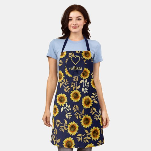 Sunny Yellow Gold Navy Sunflowers Leaves Monogram Apron