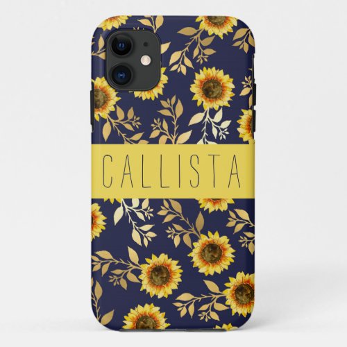 Sunny Yellow Gold Navy Sunflowers Leaves Monogram iPhone 11 Case