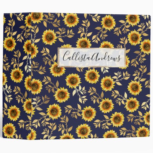 Sunny Yellow Gold Navy Sunflowers Leaves Pattern 3 Ring Binder