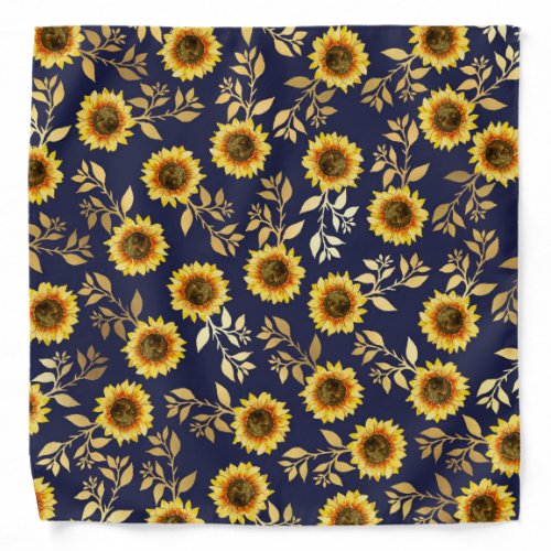 Sunny Yellow Gold Navy Sunflowers Leaves Pattern Bandana