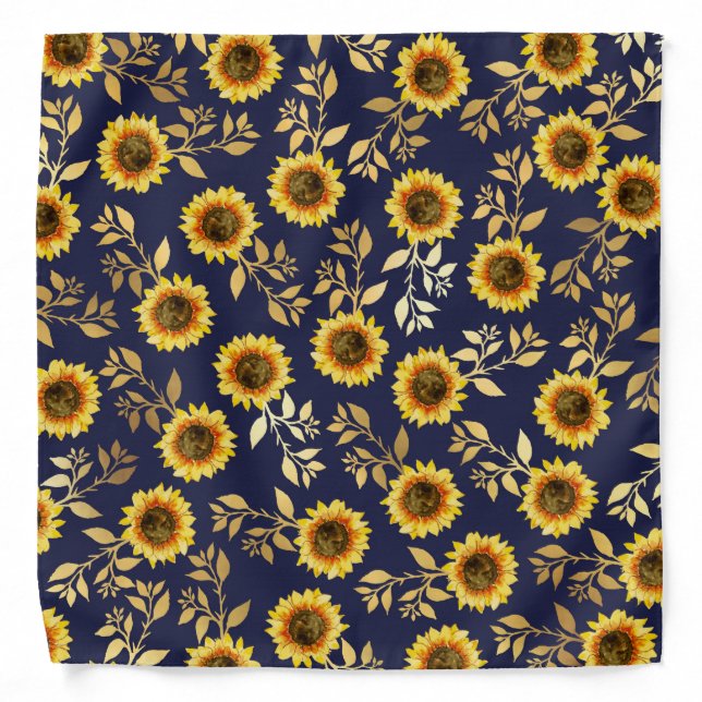 Sunny Yellow Gold Navy Sunflowers Leaves Pattern Bandana (Front)