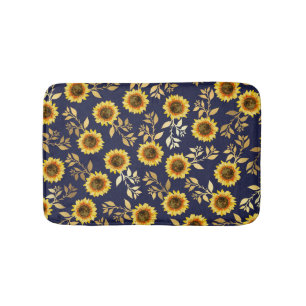 Sunny Yellow Gold Navy Sunflowers Leaves Pattern Bath Mat