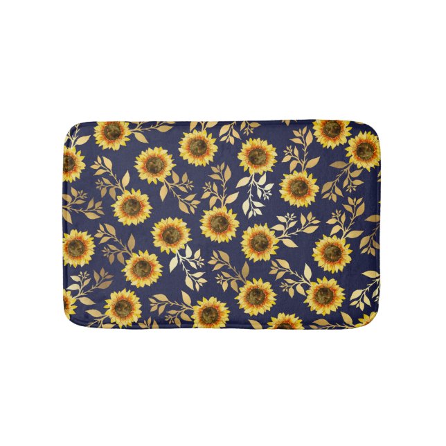 Sunny Yellow Gold Navy Sunflowers Leaves Pattern Bath Mat (Front)