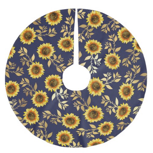 Sunny Yellow Gold Navy Sunflowers Leaves Pattern Brushed Polyester Tree Skirt