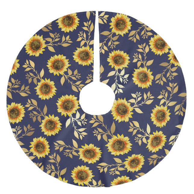 Sunny Yellow Gold Navy Sunflowers Leaves Pattern Brushed Polyester Tree Skirt (Front)
