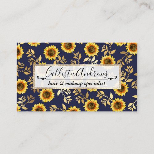 Sunny Yellow Gold Navy Sunflowers Leaves Pattern Business Card