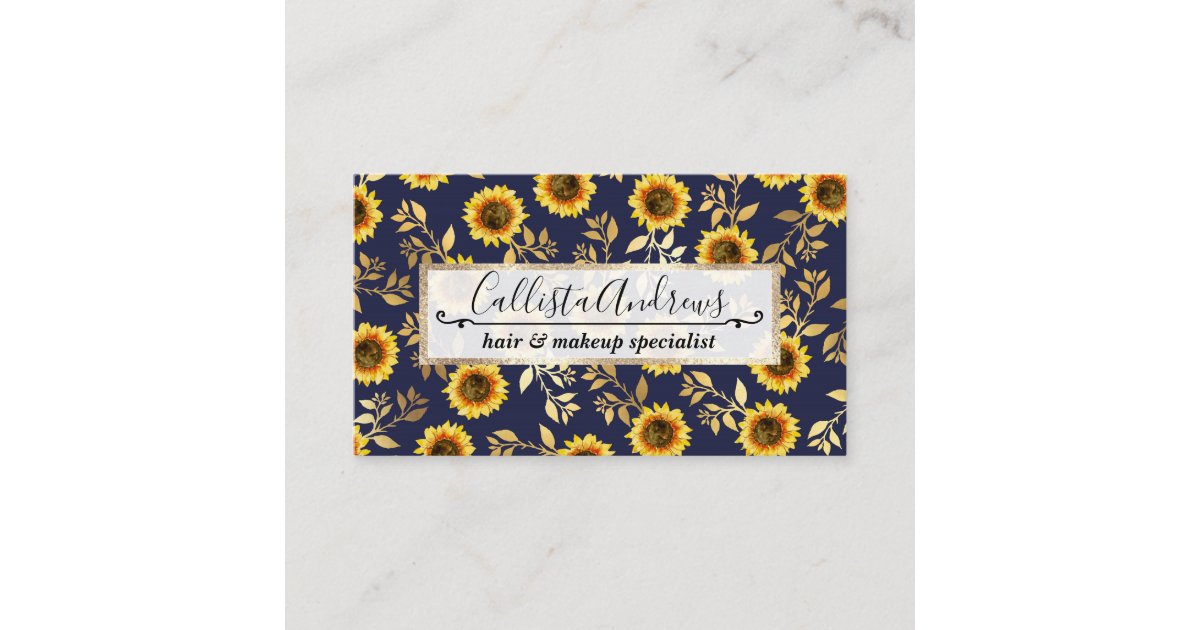 Sunny Yellow Gold Navy Sunflowers Leaves Pattern Business Card | Zazzle