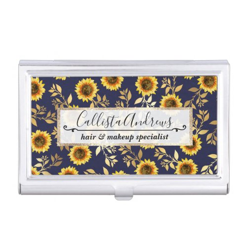 Sunny Yellow Gold Navy Sunflowers Leaves Pattern Business Card Case