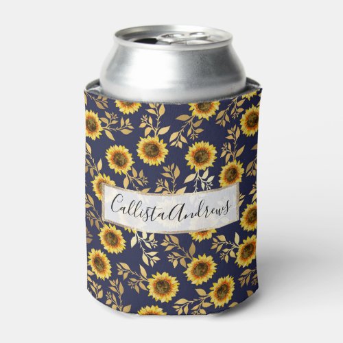 Sunny Yellow Gold Navy Sunflowers Leaves Pattern Can Cooler