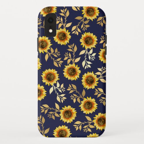 Sunny Yellow Gold Navy Sunflowers Leaves Pattern iPhone XR Case