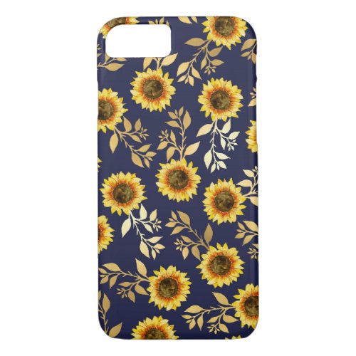 Sunny Yellow Gold Navy Sunflowers Leaves Pattern iPhone 87 Case