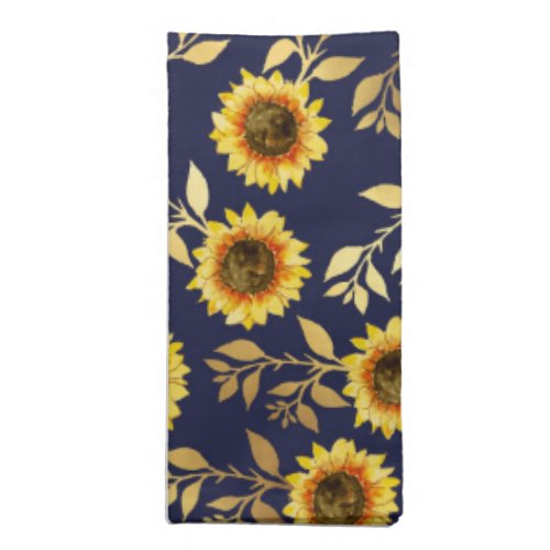 Sunny Yellow Gold Navy Sunflowers Leaves Pattern Cloth Napkin