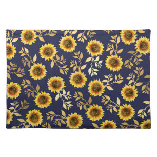 Sunny Yellow Gold Navy Sunflowers Leaves Pattern Cloth Placemat