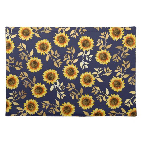 Sunny Yellow Gold Navy Sunflowers Leaves Pattern Cloth Placemat