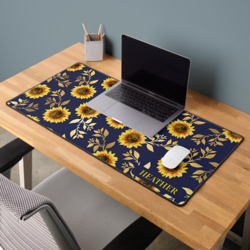 Sunny Yellow Gold Navy Sunflowers Leaves Pattern Desk Mat