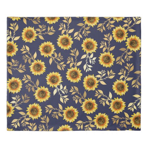 Sunny Yellow Gold Navy Sunflowers Leaves Pattern Duvet Cover